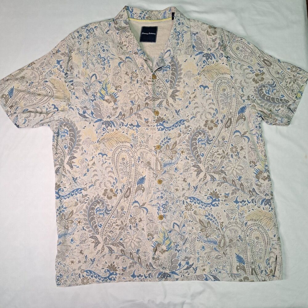 Tommy Bahama Paisley Floral Silk Button-Up Short Sleeve Shirt XL Beige Blue‎ Men